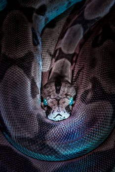 特写镜头下，蟒蛇复杂的鳞片图案和独特的颜色显得格外迷人