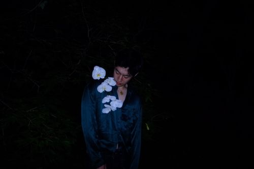 Free A man stands in darkness, adorned with delicate white flowers on his shirt, creating a moody and stylish portrait. Stock Photo
