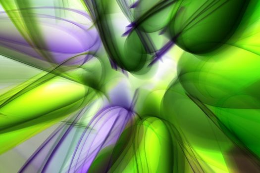 A vibrant abstract digital art featuring dynamic green and purple shapes.