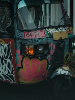 A vibrant rickshaw in Jakarta, covered with colorful graffiti art on a rainy day.