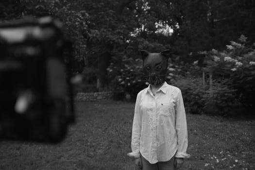 这是一张怪异的黑白照片，照片中，一个人戴着类似猫的面具站在户外