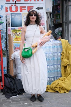 Fashionable woman in white dress holding baguettes, standing in a bustling street market.
