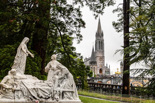 View of Basilica of Lourdes with a detailed marble sculpture in the foreground creating a serene historical scene.