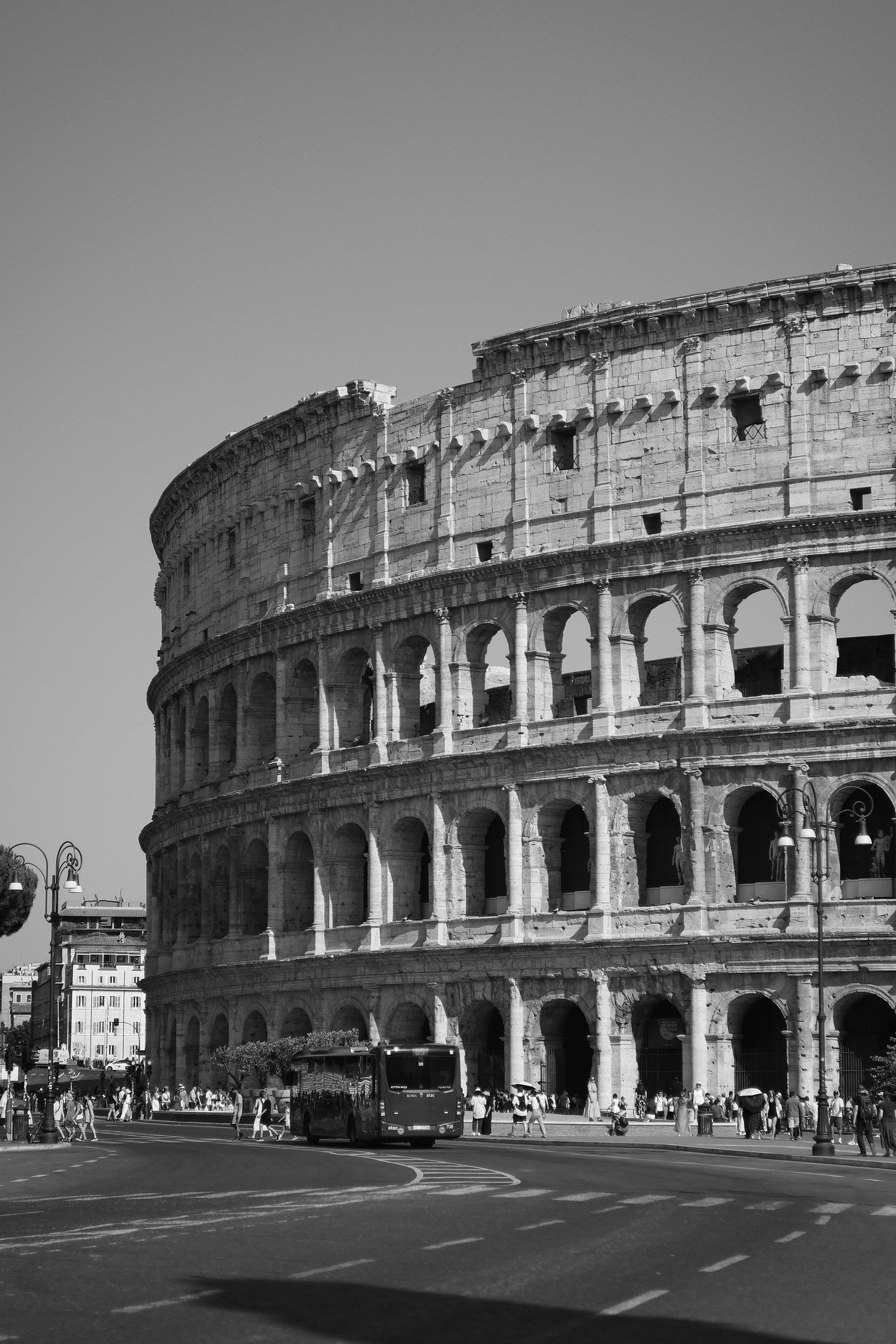 Classic black and white view of the iconic Roman Colosseum.