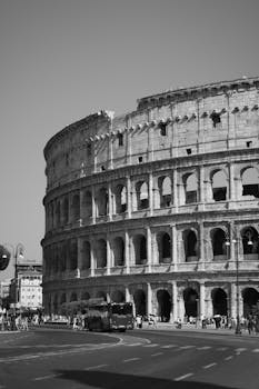 Classic black and white view of the iconic Roman Colosseum.