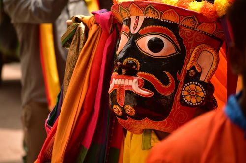 Free Close-up of an artistic folk mask from Bengaluru, symbolizing ancient Indian tradition and culture. Stock Photo