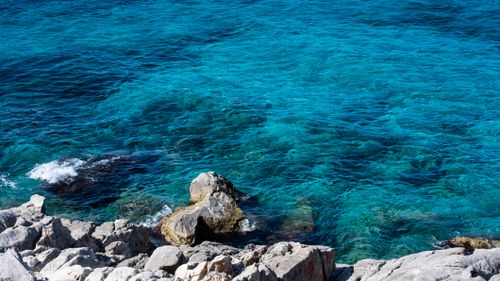 Free Explore the stunningly clear blue waters of the Mediterranean Sea along the rocky coast of Sicily, Italy. Stock Photo