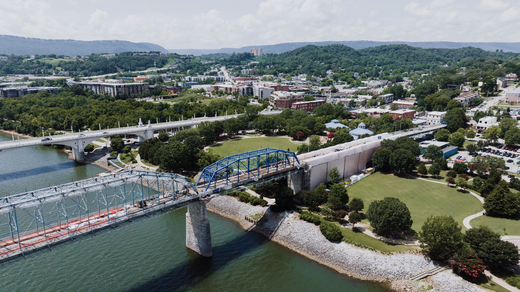 Aerial view of Walnut Street Bridge during the major 2025 to 2026 renovation