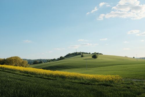 Free A serene landscape of rolling green hills under a bright blue sky with scattered clouds. Stock Photo