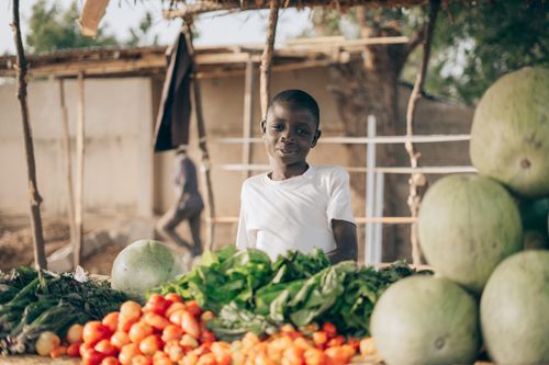 Free A young boy at an outdoor market stall with fresh produce, captured in a rural setting. Stock Photo