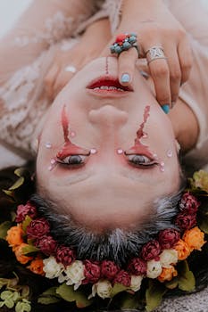 一位妆容戏剧化、头戴花卉王冠的女性颠倒肖像，传达出情感