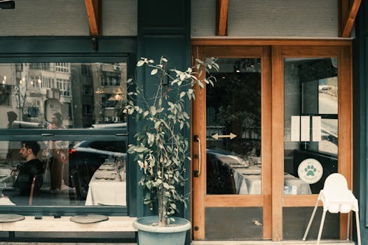 Inviting entrance of a city restaurant with wooden doors and potted plant outside.