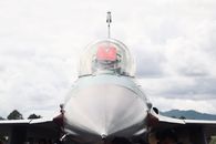 Front view of an F-16 fighter jet displayed outdoors in Sulawesi Utara, Indonesia.
