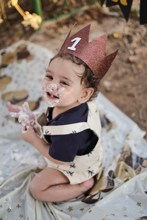 Free A joyful baby celebrating their first birthday with a cake smash in an outdoor setting. Stock Photo