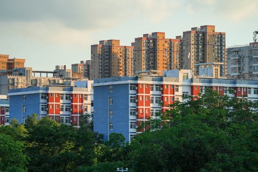 Urban landscape featuring high-rise residential buildings amidst lush greenery, captured during day.