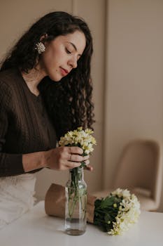 A woman carefully arranges a bouquet of daisies in a glass vase, capturing a serene indoor moment.
