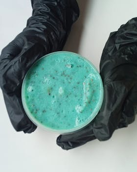 Close-up of a vibrant blue exfoliating scrub held by gloved hands on a white background.