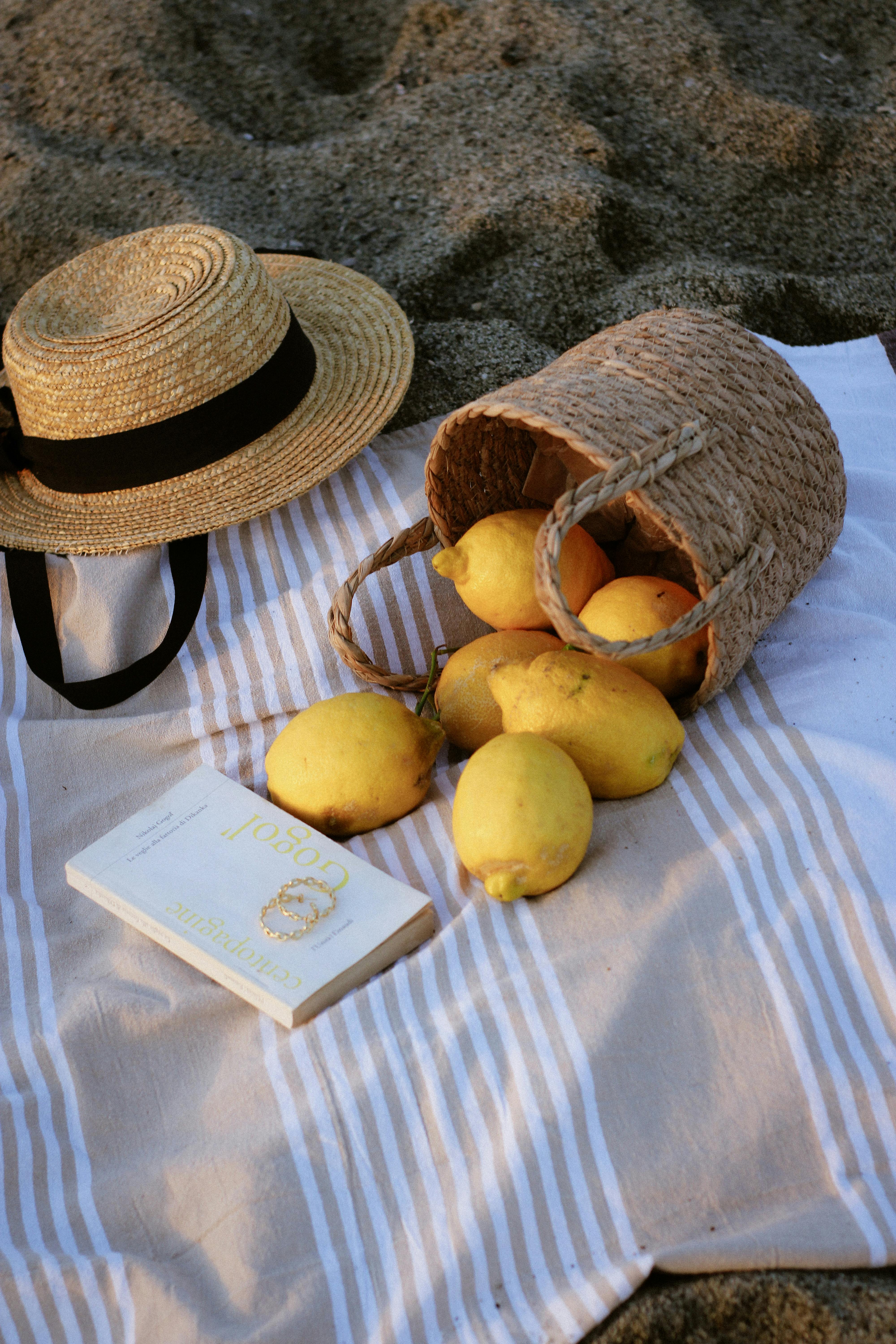 Beach picnic scene featuring lemons, straw hat, and book on striped blanket. Perfect summertime vibe.