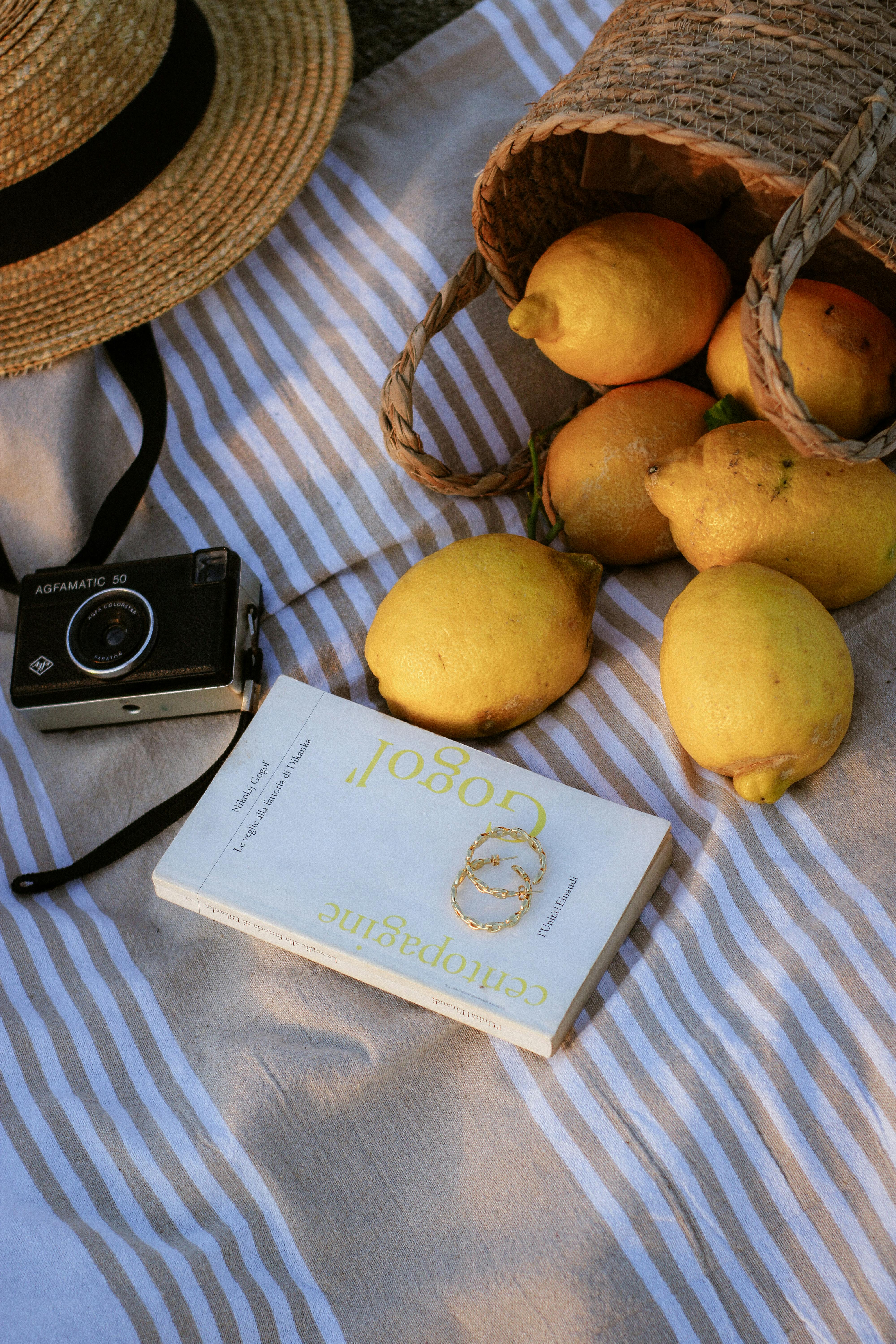 A rustic picnic setting featuring lemons, a vintage camera, and a striped blanket for a summer vibe.