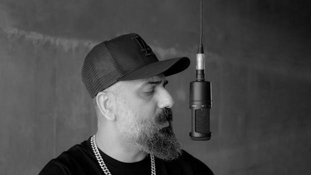 Black and white portrait of a bearded rapper wearing a cap in front of a microphone.