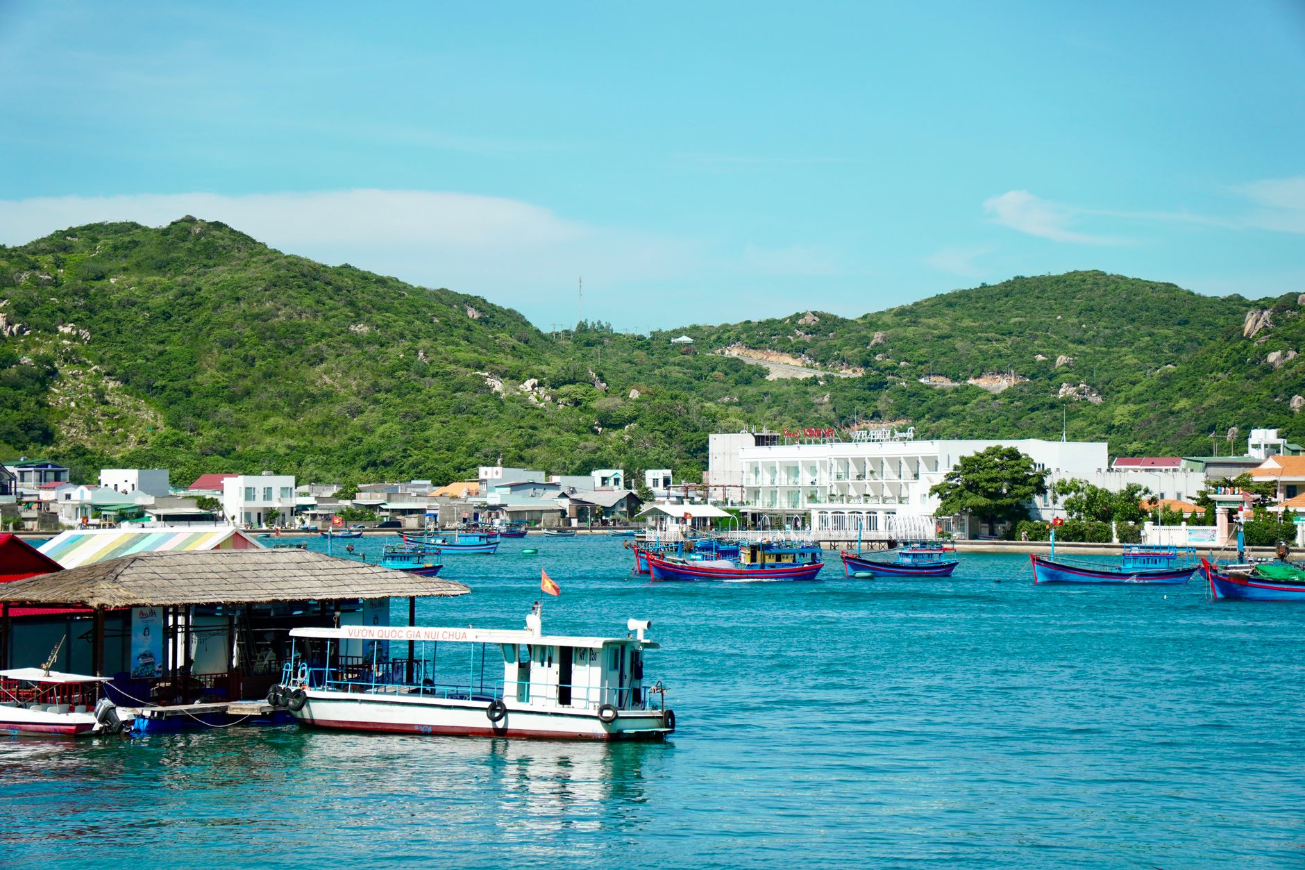 Picturesque coastal village featuring colorful boats and lush green hills under a clear blue sky.