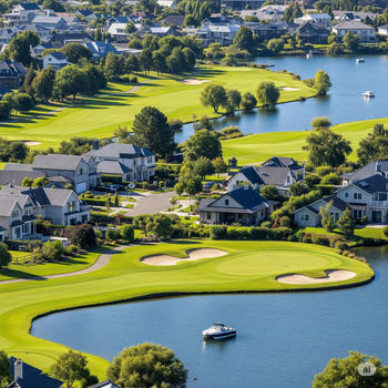 Scenic aerial view of upscale homes and a lush golf course by a lake.
