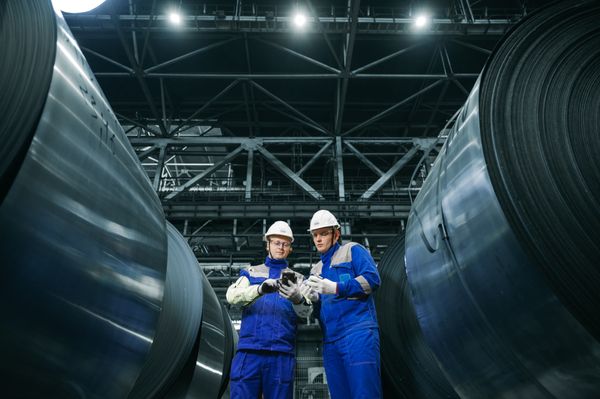 Industrial workers inspecting steel in factory