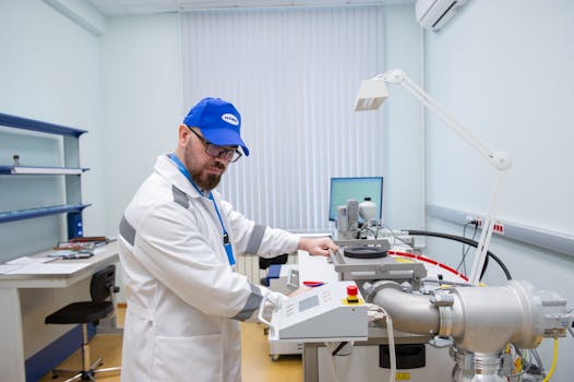 Lab technician in white coat operating advanced scientific equipment indoors