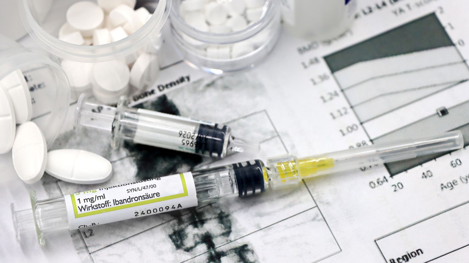 Medical arrangement of osteoporosis treatment tools with injections and pills.