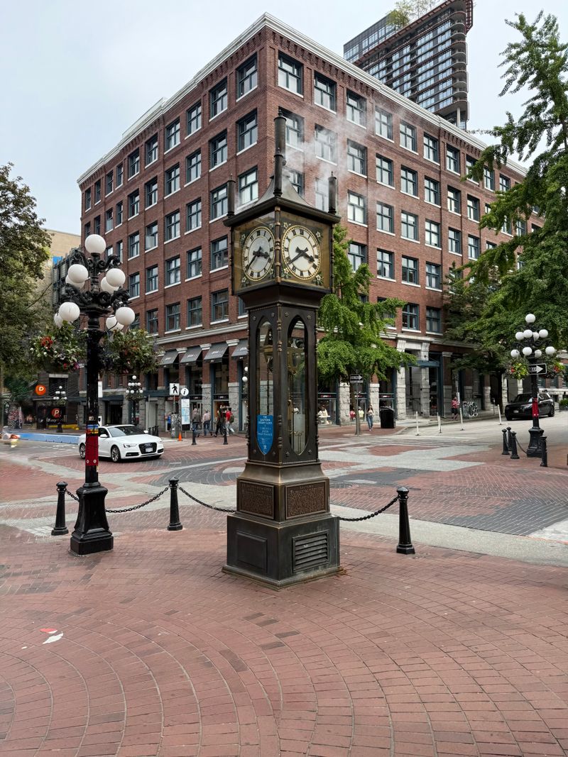 Gastown steam clock on a cobblestone street in Vancouver