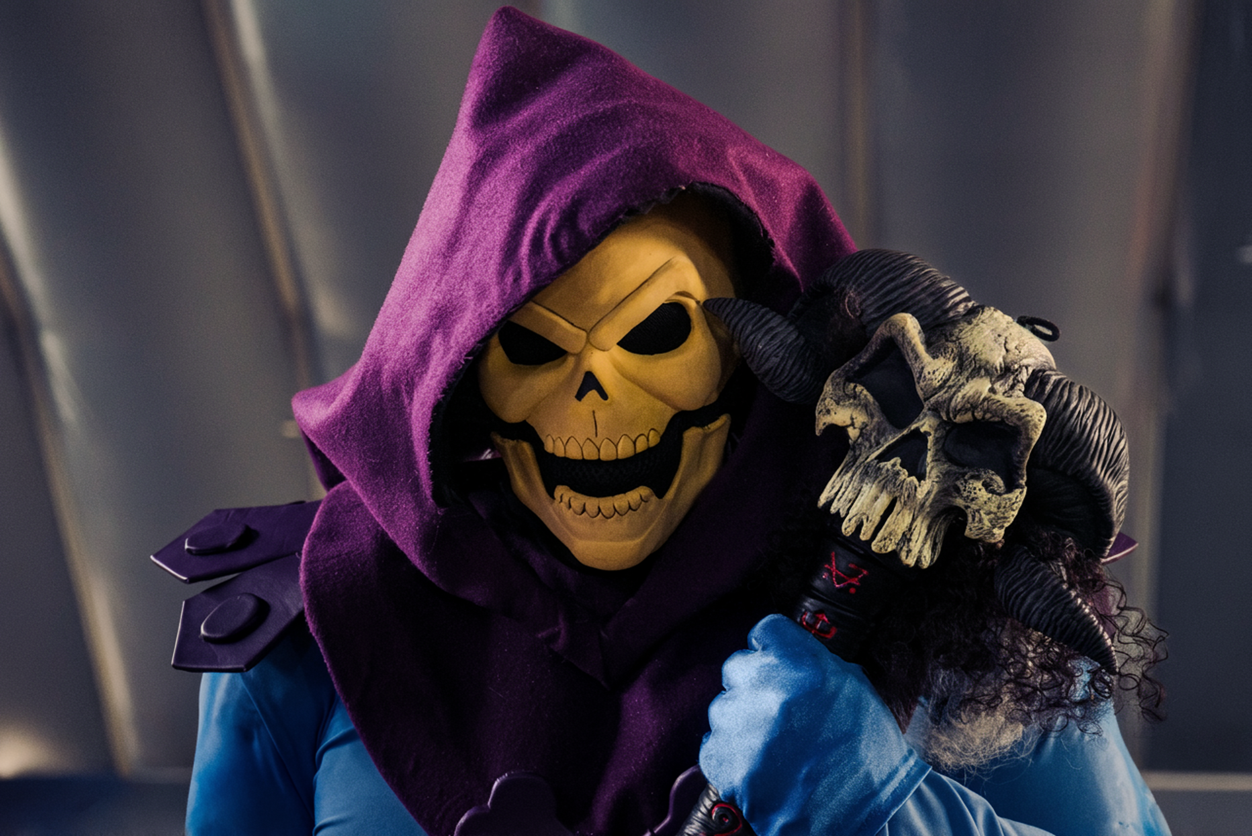 Masked character in purple hooded cloak holding skull staff. Eerie and mysterious vibe.