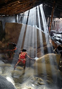 在孟加拉国一个阳光明媚的仓库里，两名男子正在铲粮食，光线营造出引人注目的场景