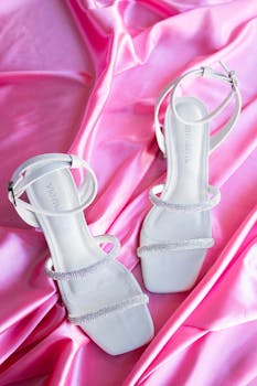 Elegant white sandals with rhinestones on pink satin fabric, perfect for fashion or bridal themes.