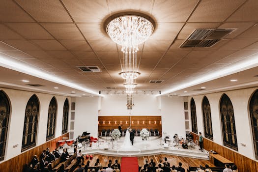 一场配有令人惊叹的枝形吊灯的室内婚礼，宾客就座，尽显奢华与优雅