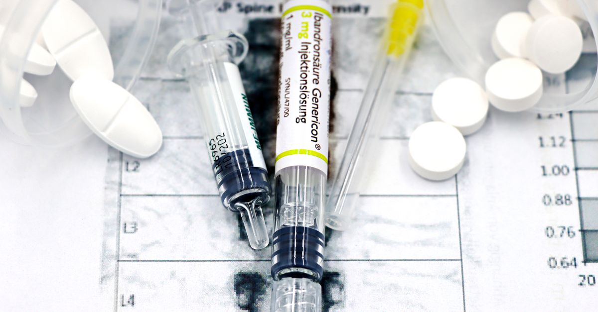 Close-up of syringes and pills on a bone density exam sheet, depicting osteoporosis treatment. - Evidence evidence guide for calcium bone density meta-analysis