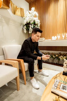 一名男子坐在一间配有木制装饰和花卉布置的时尚现代房间里，正使用着智能手机