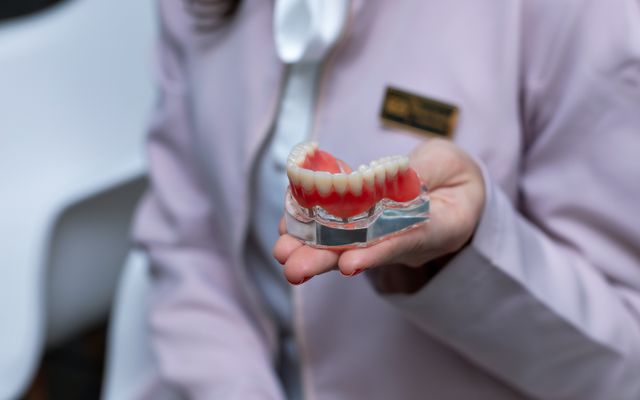 Dentist explaining fixed full arch teeth prosthesis model at Smile Point Kolkata