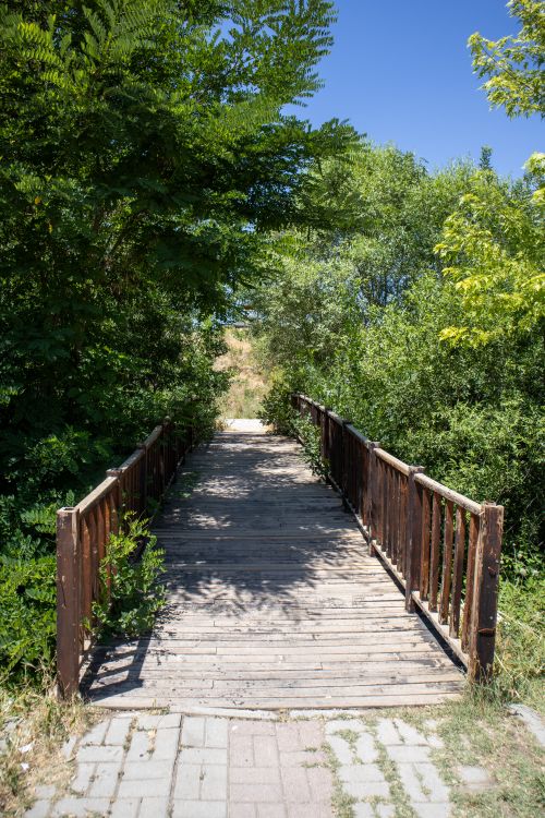Free A picturesque wooden bridge surrounded by lush greenery under a clear blue sky in Elazığ, Türkiye. Stock Photo