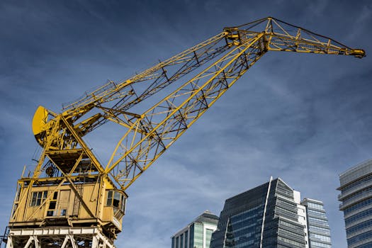 Yellow construction crane against modern buildings in Buenos Aires, with a clear blue sky.