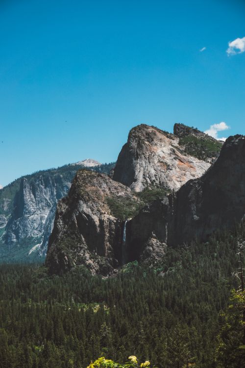 Free Stunning landscape of Yosemite Valley with towering cliffs and lush forest under a clear blue sky. Stock Photo