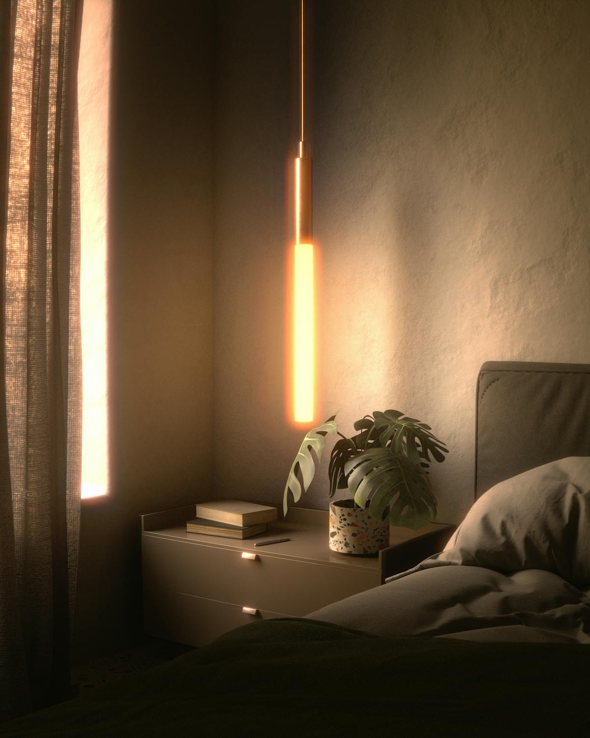 Camera da letto accogliente con illuminazione calda e morbida