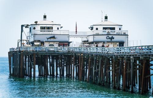 Free Discover scenic ocean view dining at Malibu Farm Pier Cafe, a must-visit coastal destination. Stock Photo
