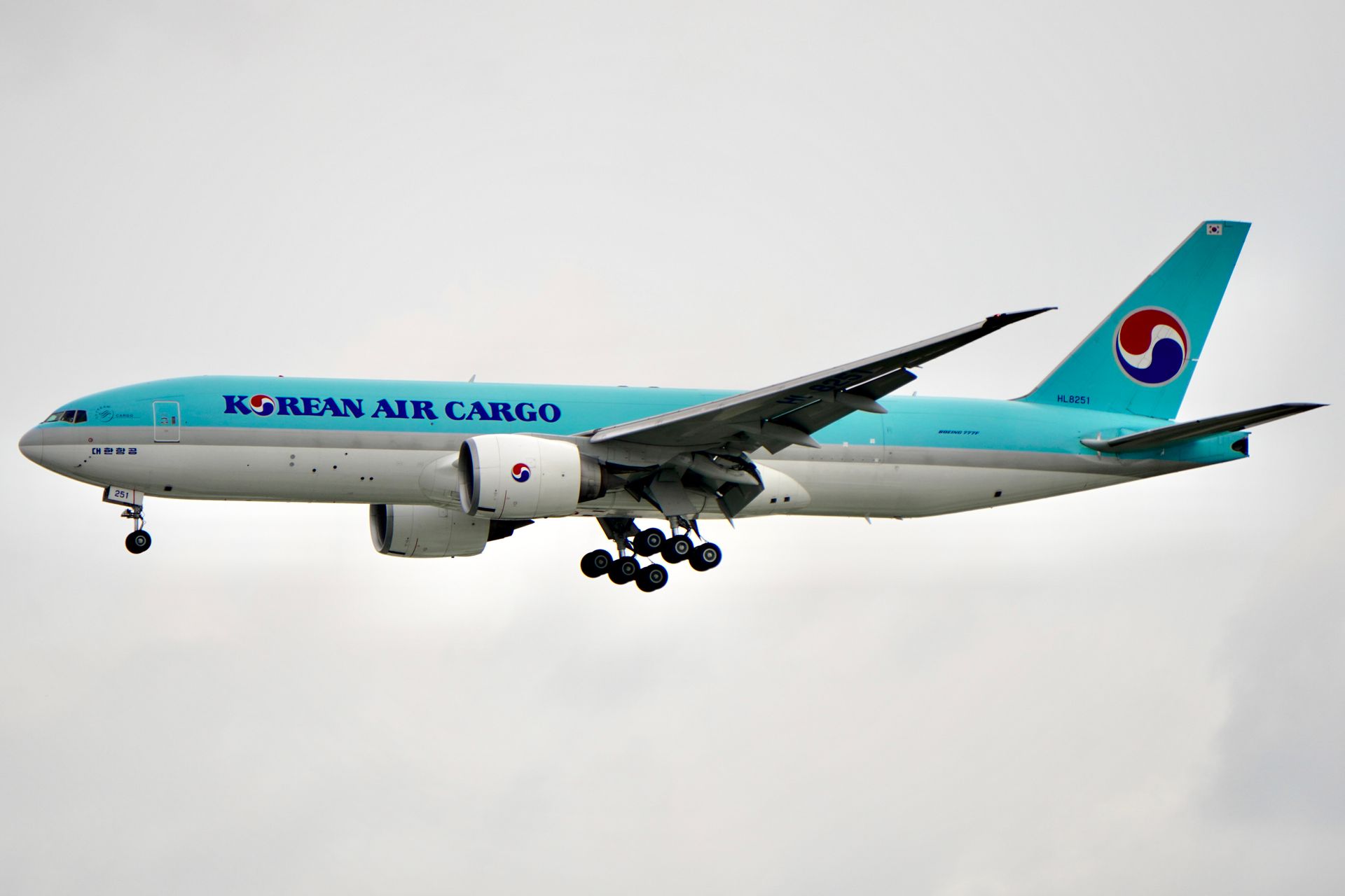 Korean Air Cargo Boeing 777 flying in the sky, showcasing aviation excellence.
