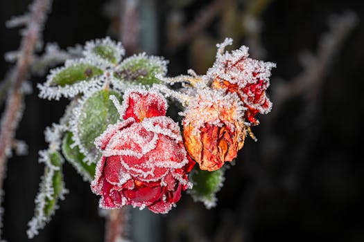 Close-up of red roses covered in frost, showcasing winter beauty.