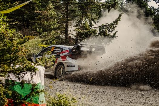 Rally car speeding through dust clouds in Pavliani, Greece, amidst pine trees.