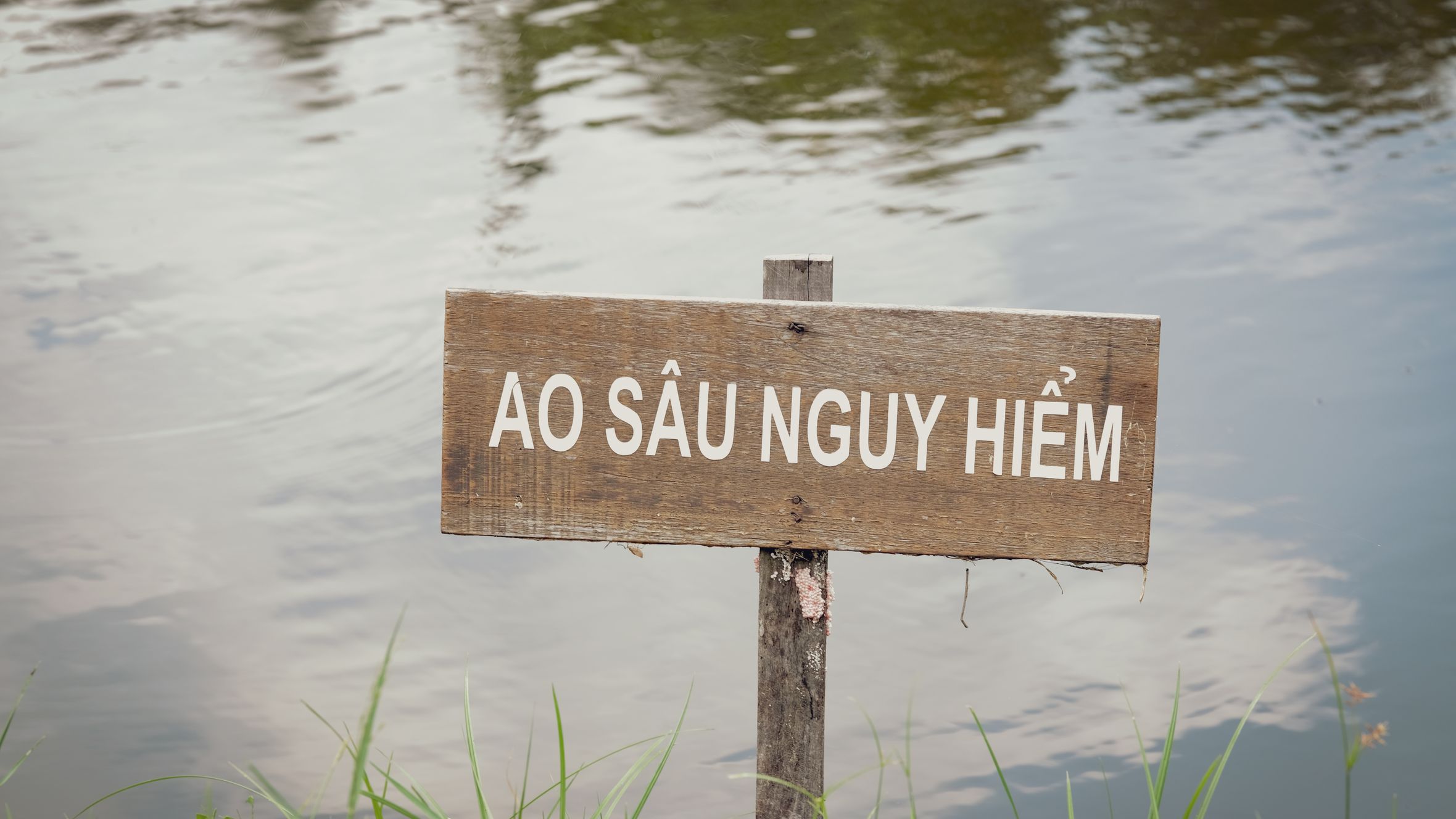 A wooden sign warning of a deep, dangerous pond amidst tranquil outdoor scenery.