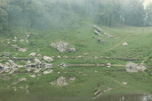 Serene mountain landscape with a reflective lake and lush greenery, perfect for adventure and nature lovers.