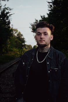A moody portrait of a man standing confidently by railroad tracks during twilight.