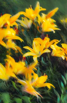 Beautiful yellow lilies captured with a dynamic motion blur effect for a vibrant and artistic floral display.