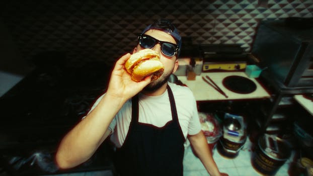 Chef wearing sunglasses enjoys a burger in an industrial kitchen setting. Modern culinary style.